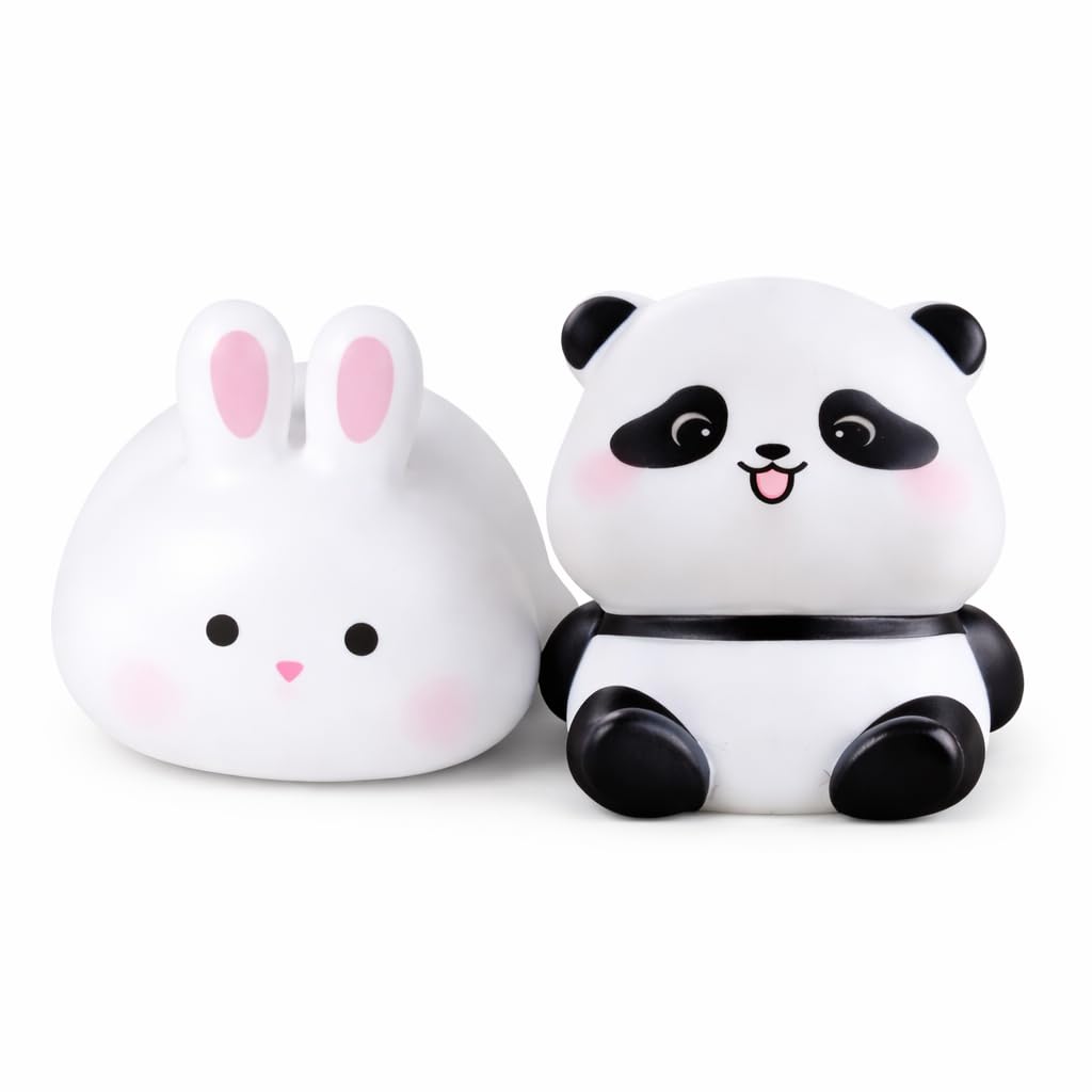 Mini Bunny Rabbit Toy and Mini Panda Toy with LED Light | Cute White Soft Plastic Collectible | Battery Operated Cartoon Decor for Car Dashboard, Desk & Kids Room