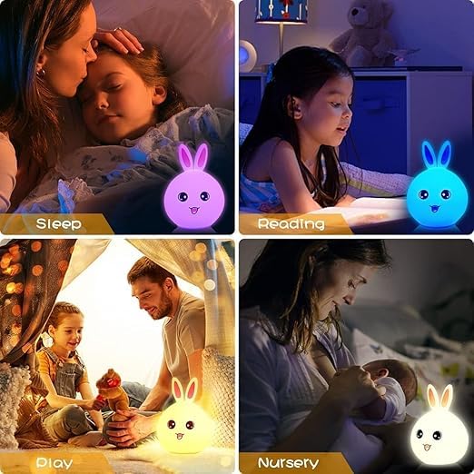 Silicone Rabbit Night Light – USB Rechargeable 7-Color LED Lamp with Touch Sensor, Kids Bedroom Décor, Romantic Decor, Valentine Day Gift, Love Gift for Her, Couple Gift