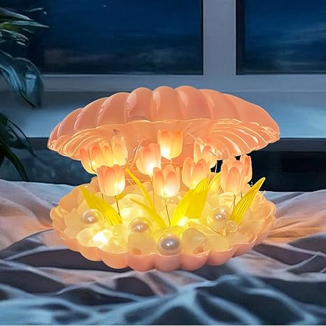 Shell Tulip Night Light Decorative Nights Lamp, DIY Tulips Flower Table Lamp Gift for Women, Girl, Soft Pink Glow, Home Decor (Shell Tulip)