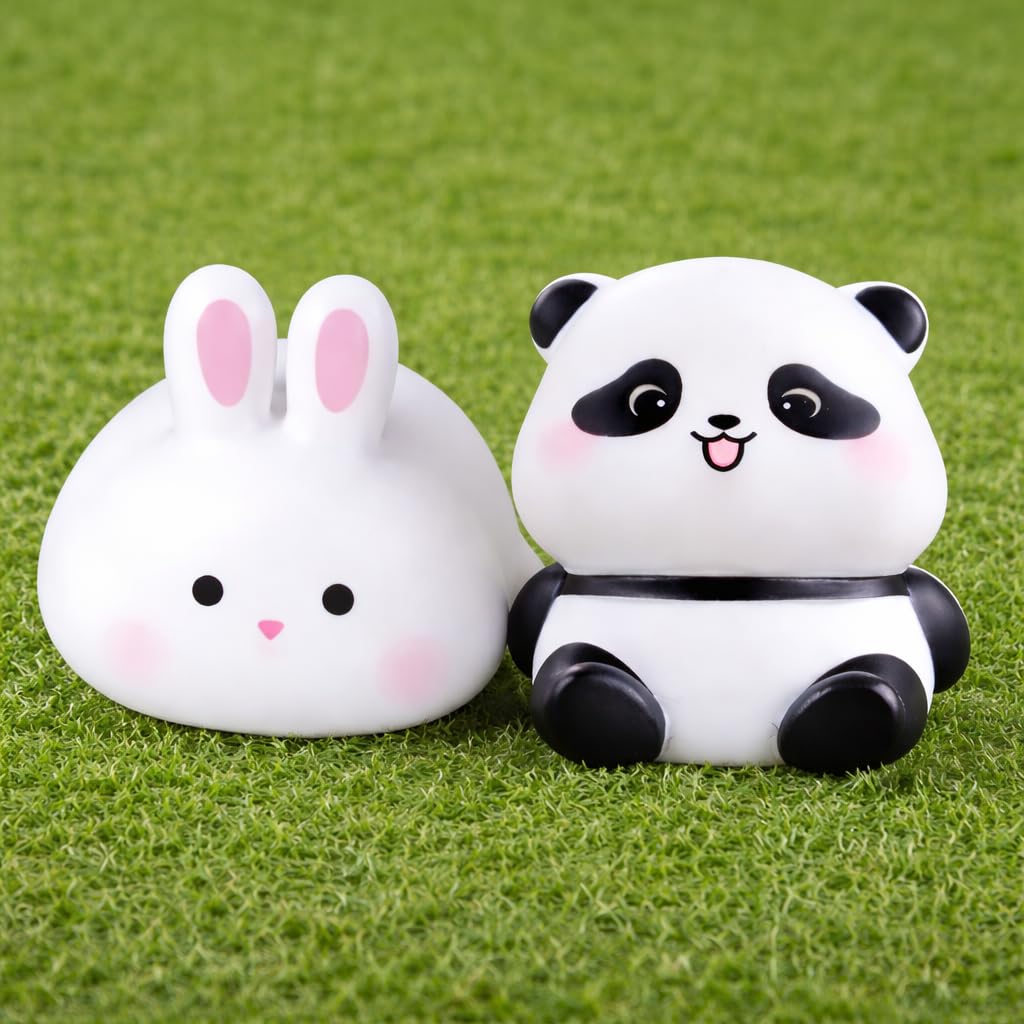 Mini Bunny Rabbit Toy and Mini Panda Toy with LED Light | Cute White Soft Plastic Collectible | Battery Operated Cartoon Decor for Car Dashboard, Desk & Kids Room