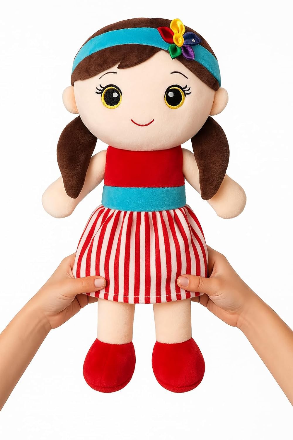 Bateu Cute Soft Doll Plush Hugging Doll Girls – Pink Dress Stuffed Toy with Colorful Headband – Cute Huggable Gift for Kids, 35cm (Pink)