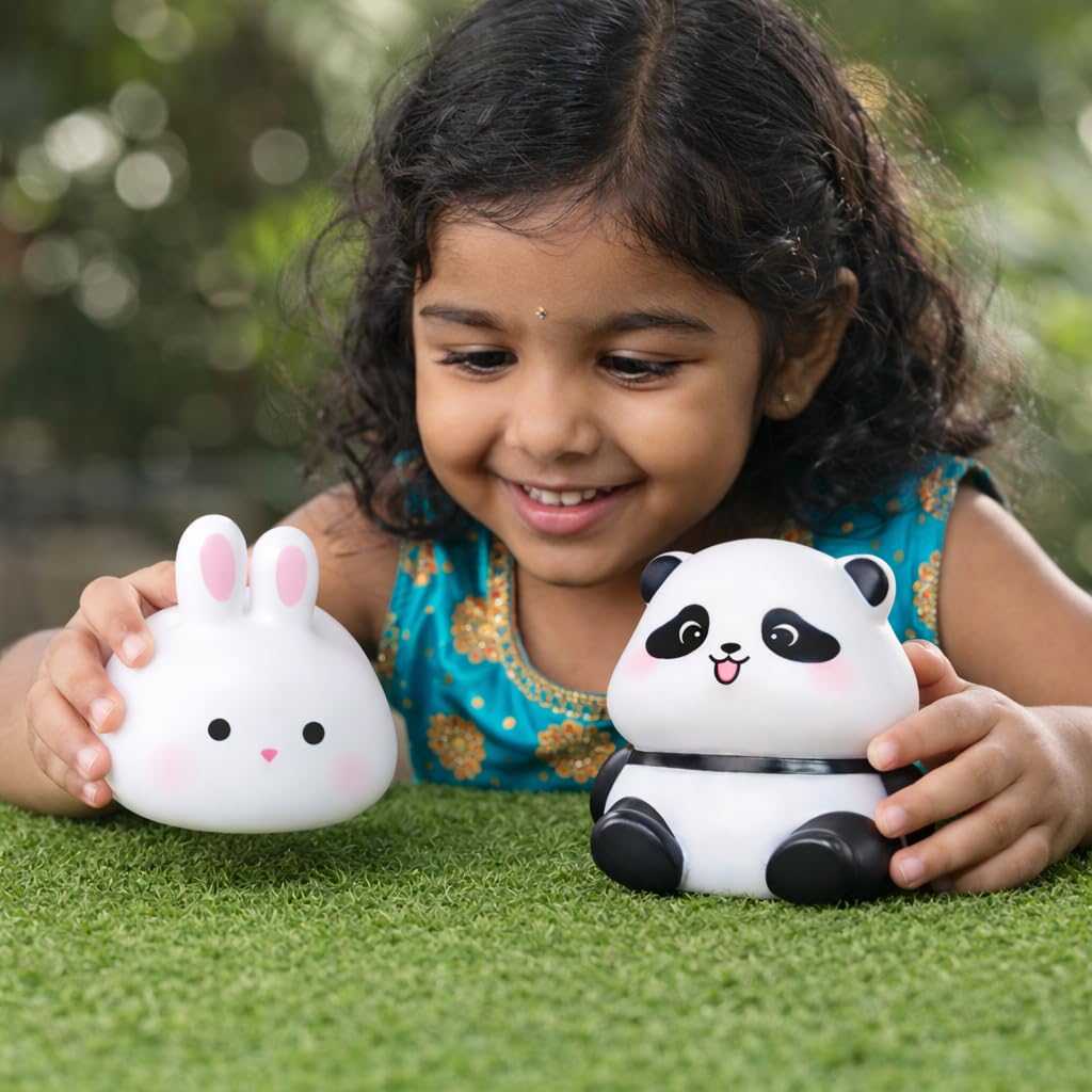Mini Bunny Rabbit Toy and Mini Panda Toy with LED Light | Cute White Soft Plastic Collectible | Battery Operated Cartoon Decor for Car Dashboard, Desk & Kids Room