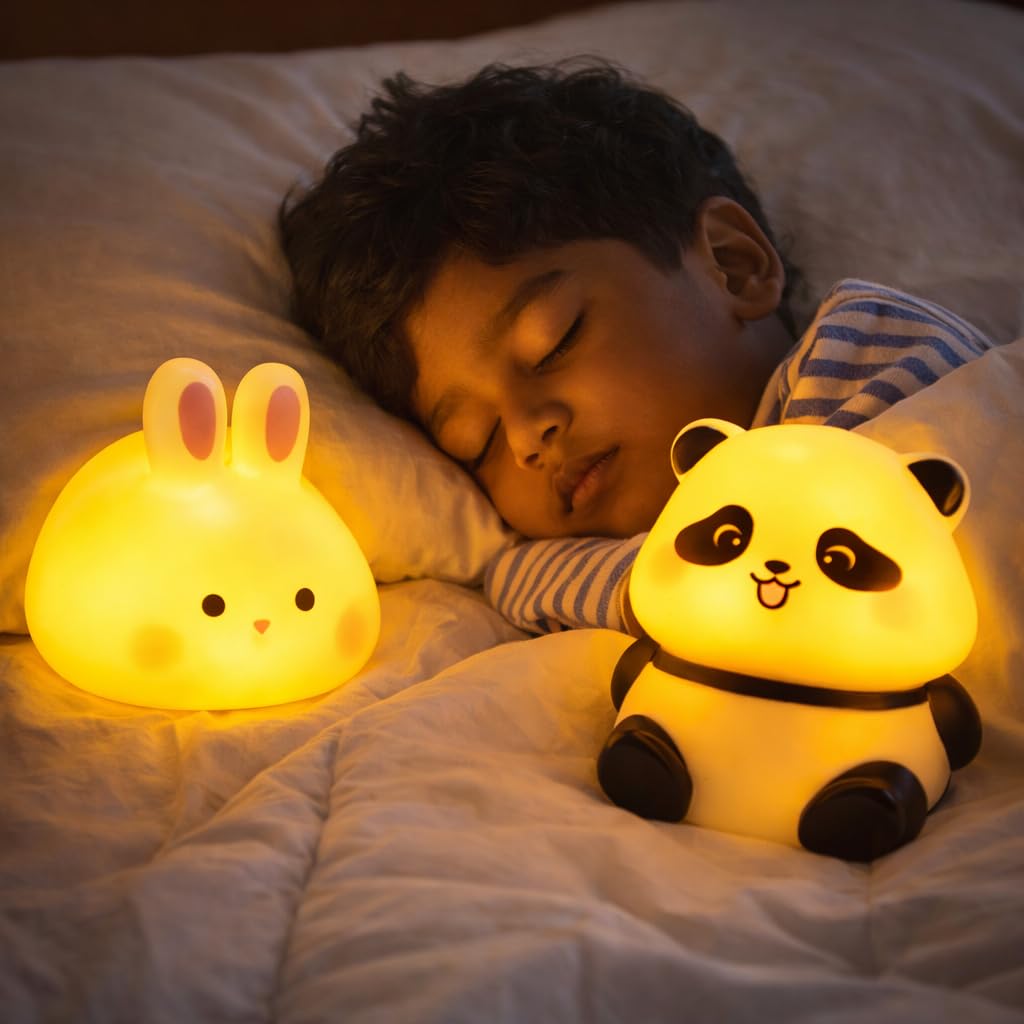 Mini Bunny Rabbit Toy and Mini Panda Toy with LED Light | Cute White Soft Plastic Collectible | Battery Operated Cartoon Decor for Car Dashboard, Desk & Kids Room