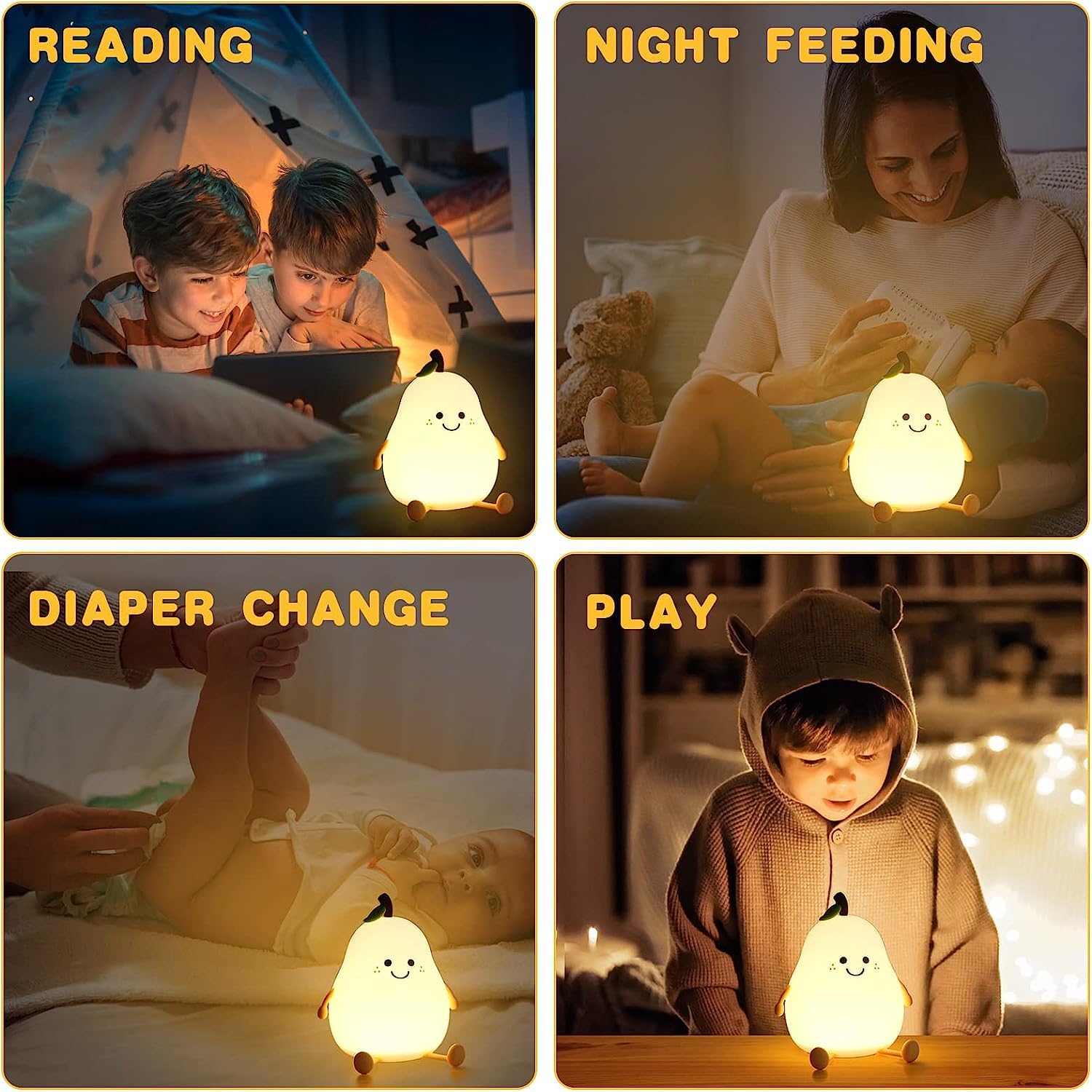 One94Store Rechargeable Silicone Pear Night Lamp, Touch Control Color-Changing LED Light with 7 Colors, Multicolor Kids’ Bedroom Decor, Ideal Baby Gift (Warm White)