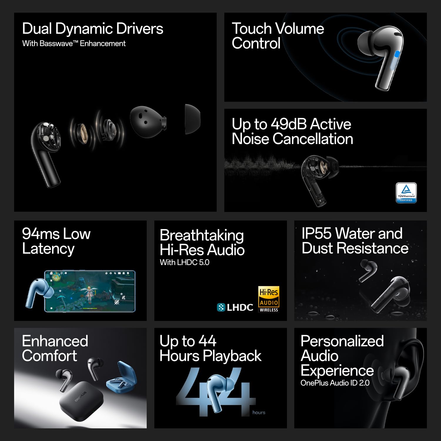 OnePlus Buds 3 Truly Wireless Bluetooth Earbuds with Upto 49dB Smart Adaptive Noise Cancellation,Hi-Res Sound Quality,Sliding Volume Control,10mins for 7Hours Fast Charging with Upto 44Hrs Playback